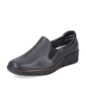 Rieker Ladies Black Leather Low Wedge Loafer Shoe 53766-01