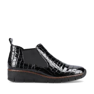 Rieker Ladies Black Patent Croc Pull-On Ankle Boot 53794-01