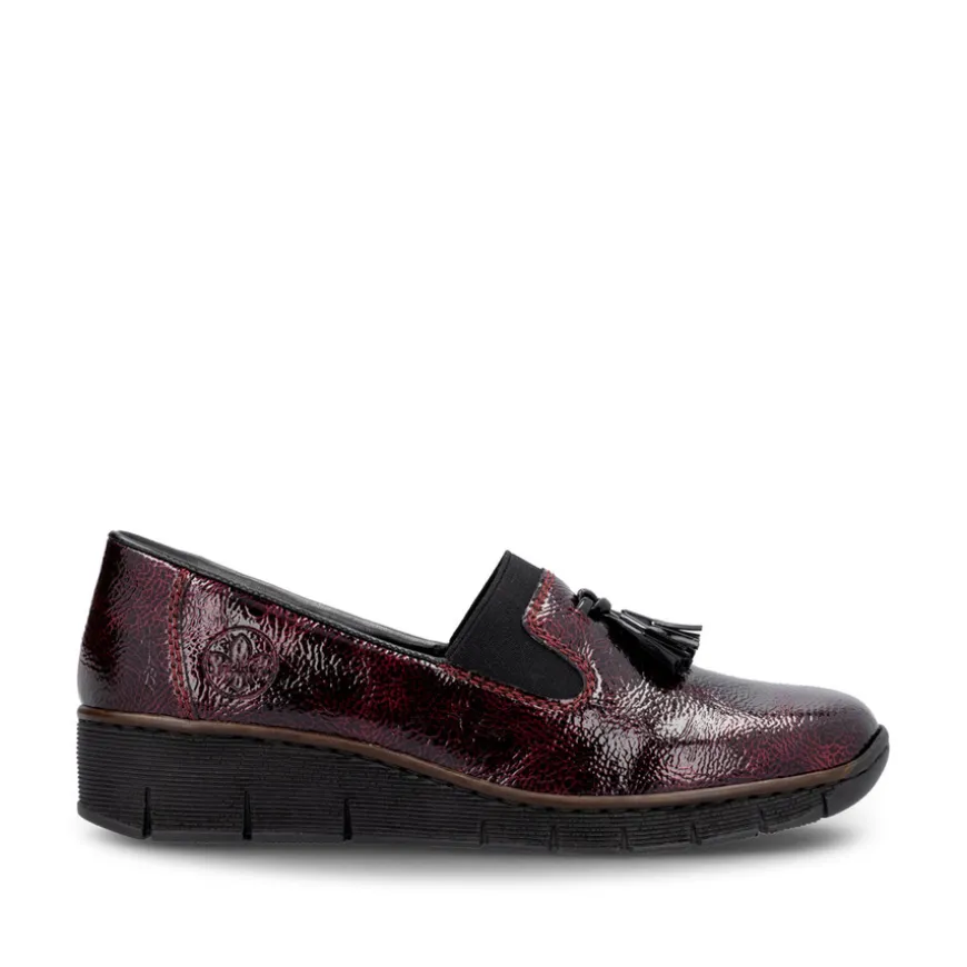rieker_ladies_burgundy_pa_0.webp Rieker Ladies Burgundy Patent Tasselled Low Wedge Shoe 53751-35