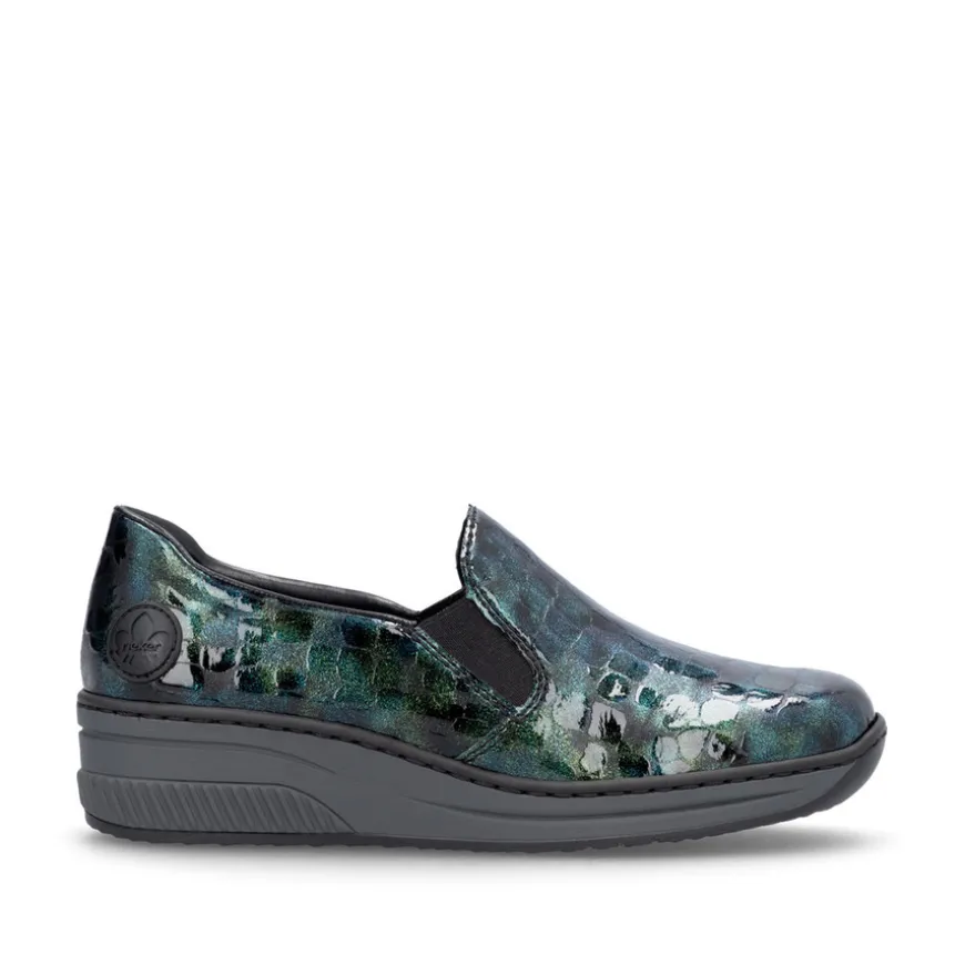 rieker_ladies_green_multi_0.webp Rieker Ladies Green Multi Patent Low Wedge Shoe 48752-92