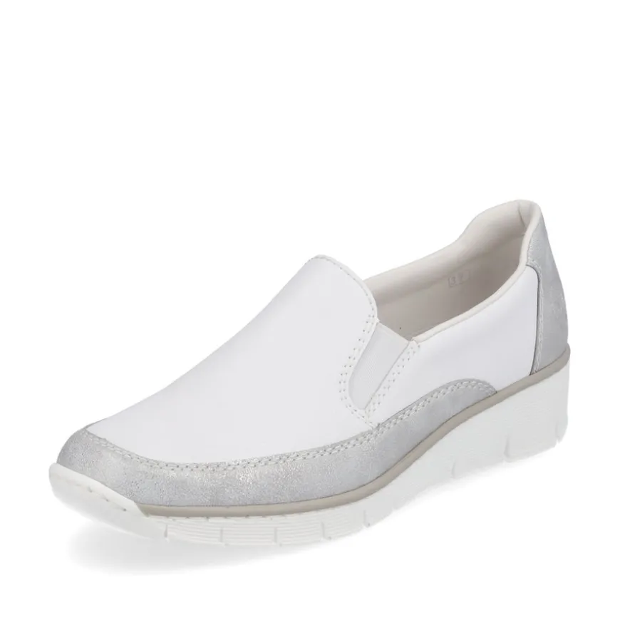 rieker_ladies_whitesilver_0-1.webp Rieker Ladies White/Silver Combination Wedged Slip-On Shoe 53796-80
