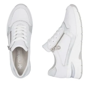 Rieker Ladies White/Silver Combination Lace/Zip Wedge Trainer N9301-80