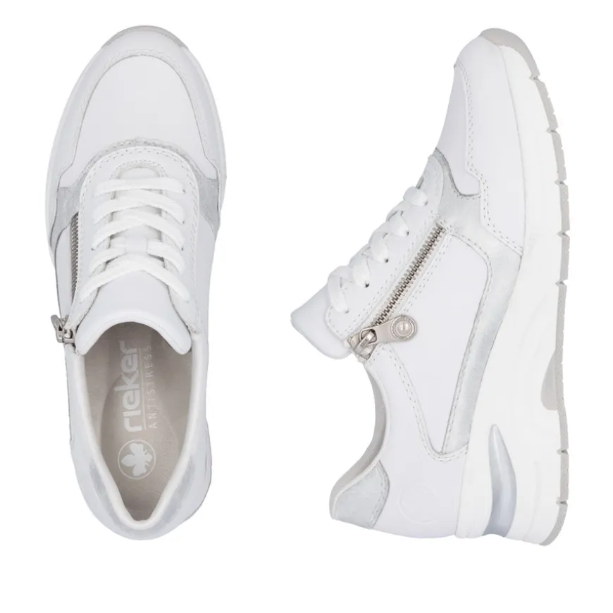 rieker_ladies_whitesilver_1.webp Rieker Ladies White/Silver Combination Lace/Zip Wedge Trainer N9301-80