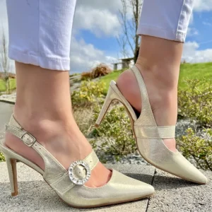 Sorento Ladies Gold Frosted Closed Toe Heeled Sandal HESKIN