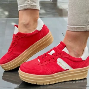 Tamaris Red Suede Leather Combination Gum Sole Trainer 23773-43-590
