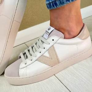 Victoria Ladies Beige Leather Combination Laced Trainer 1126142