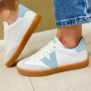 Victoria Ladies Sky Blue/White Leather Gum Sole Laced Trainer 1126206