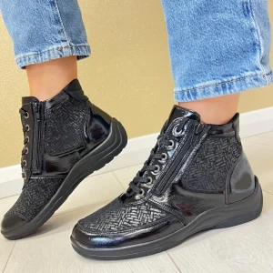 Waldläufer Ladies Black Patent Stretch-Fit Laced/Zip Ankle Boot HESNA 312H82