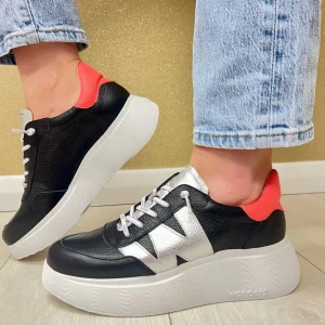 Wonders Black/Silver/Coral Bungee Lace Slip-On Trainer A-3625