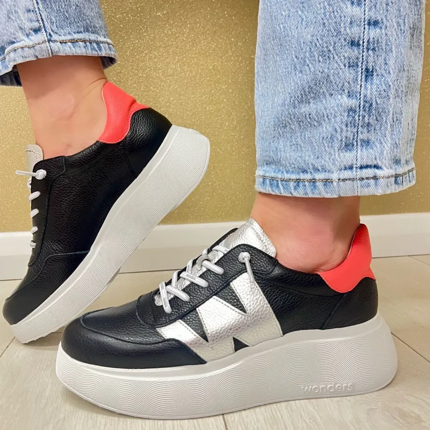 wonders_blacksilvercoral__0.webp Wonders Black/Silver/Coral Bungee Lace Slip-On Trainer A-3625