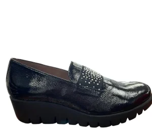 Wonders Ladies Black Patent Leather Wedge Loafer Shoe C-33158