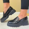 Wonders Ladies Black Patent Leather Chunky Sole Loafer Shoe C-7202