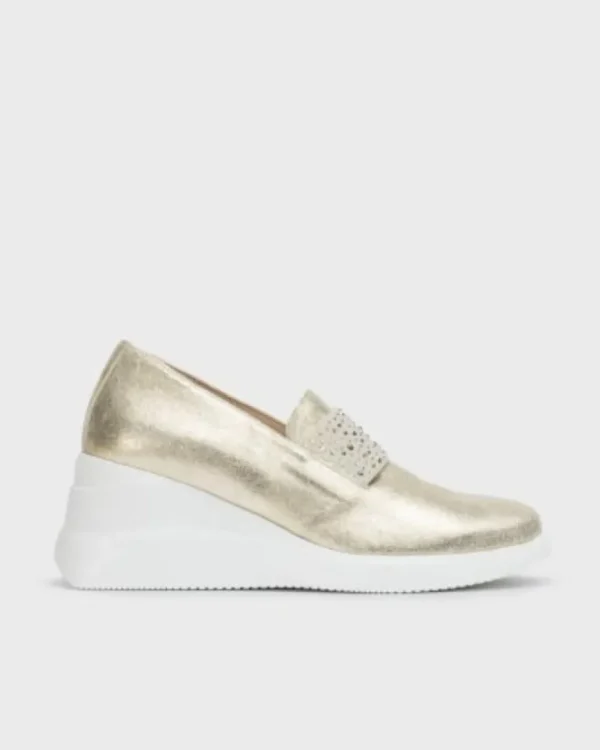 Wonders Ladies Gold Platinum Glitter Wedge Slip-On Shoe G-6605