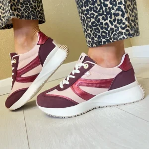 XTI Ladies Burgundy Combination Laced Trainer 143379