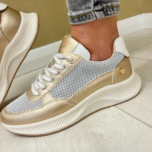 XTI Ladies Gold Combination Laced Trainer 143784