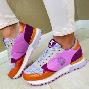 XTI Ladies Orange/Lilac Combination Laced Trainer 144062