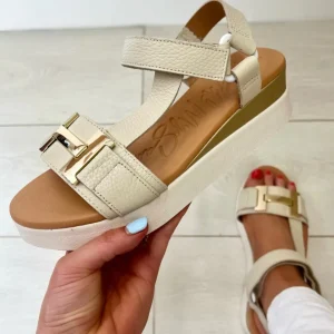 Oh My Sandals Ladies Beige Soft Leather Velcro Platform Sandal 5671