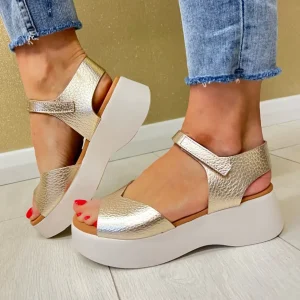 Oh My Sandals Ladies Gold Metallic Soft Leather Velcro Platform Sandal 5680
