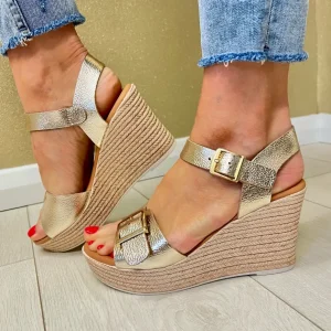 Oh My Sandals Ladies Gold Metallic Leather Platform Wedge Sandal 5726