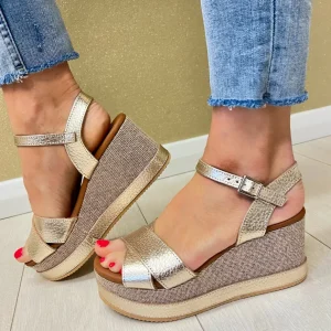 Oh My Sandals Ladies Gold Metallic Crossover Platform Wedge Sandal 5736