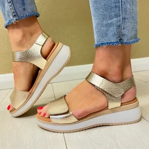 Oh My Sandals Ladies Gold Metallic Leather Velcro Straps Sandal 5660