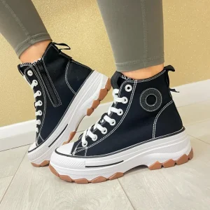 Refresh Ladies Black Canvas Hi-Top Chunky Sole Laced Trainer 172476