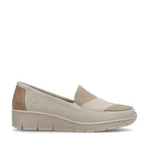 Rieker Ladies Beige Combination Low Wedge Loafer Shoe 53785-60