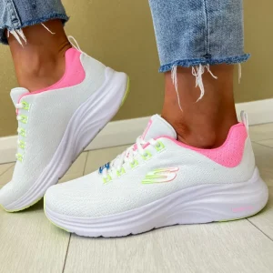 Skechers Ladies White/Neon Pink/Lime Vapor Foam Trainer 150022/WNPL