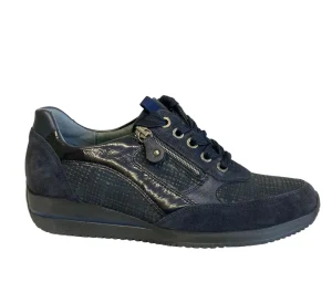 Waldläufer Ladies Navy Leather Combination Laced/Zip Trainer HIMONA 980008